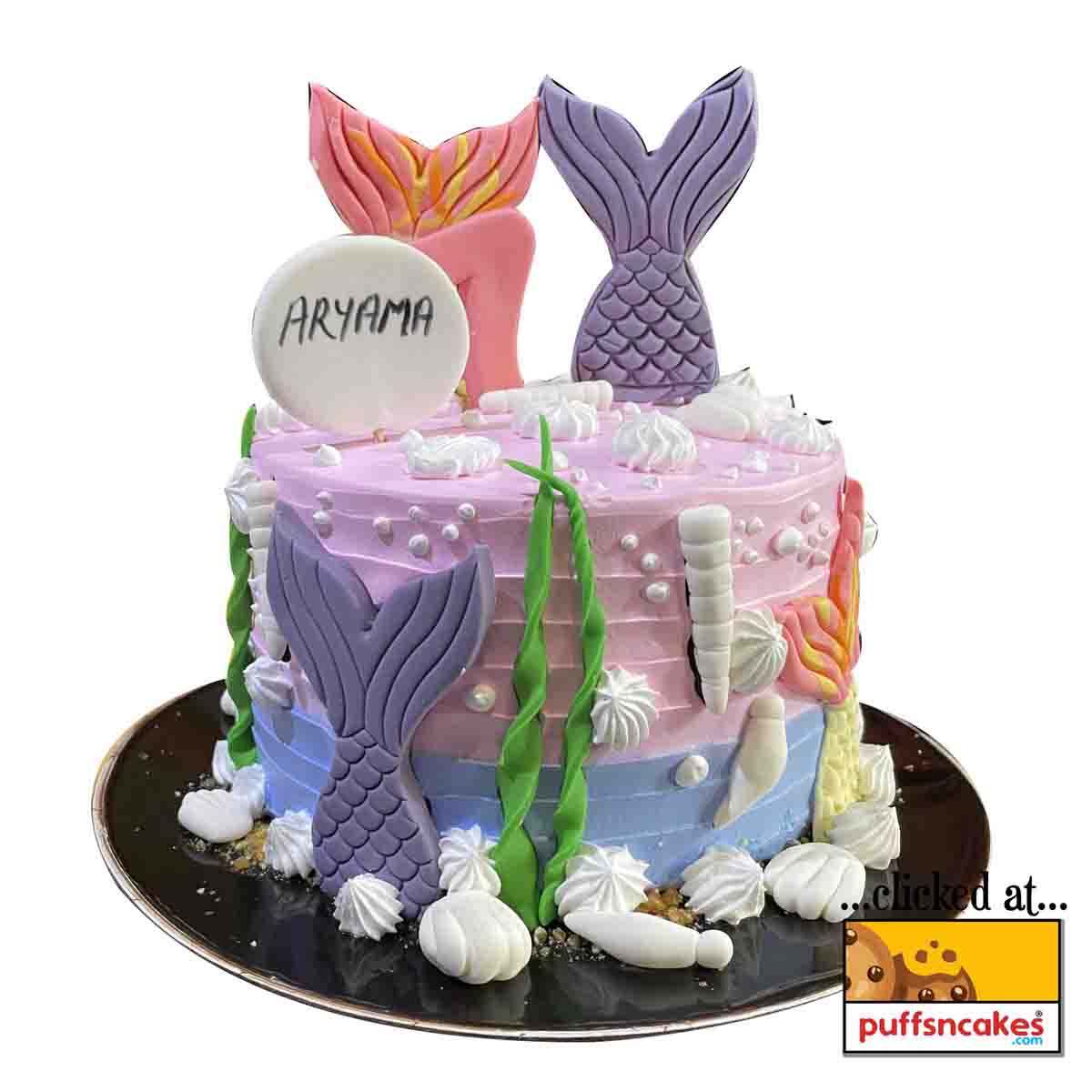 (1528) Mermaid Ocean Aqua Theme Semi Fondant Cake